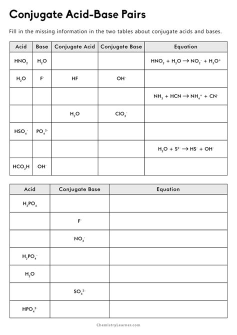 Free Printable Conjugate Acid Base Pairs Worksheets