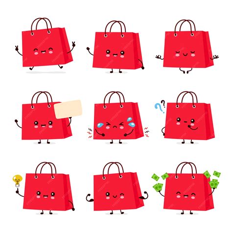 Premium Vector | Cute happy funny shopping bag set collection. cartoon character illustration ...