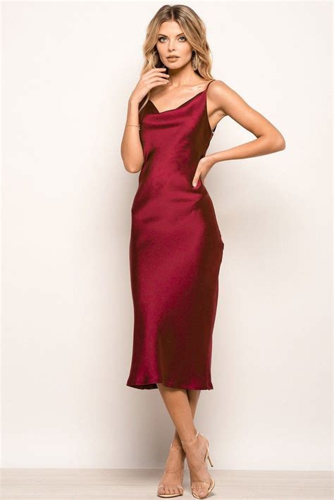 Satin Cowl Neck Slip Midi Burgundy Red Dress | Burgundy satin dress, Red midi dress, Red slip dress