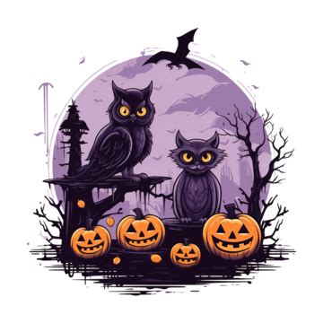 Happy Halloween Card With Black Cat And Owl In Cemetery, Halloween Moon, Halloween Night ...