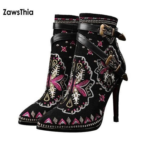 ZawsThia genuine cow suede leather embroider thin high heels shoes ...