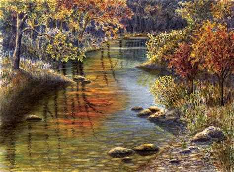 Autumn landscape art watercolor painting print fall creek by