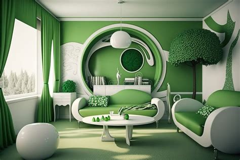 Green and White Interior Design. Generative Ai Stock Illustration ...