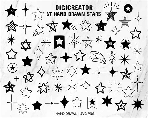 a bunch of different stars on a piece of paper that says diggreator 61 hand drawn stars