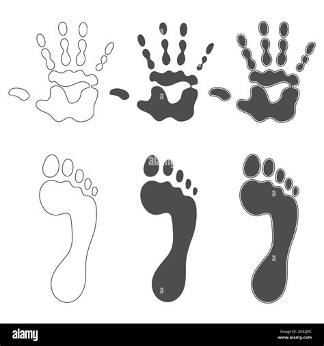 Set of black and white illustrations with prints of hands and feet ...