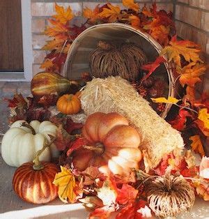 pumpkins and gourds are arranged on the front porch for fall decorating