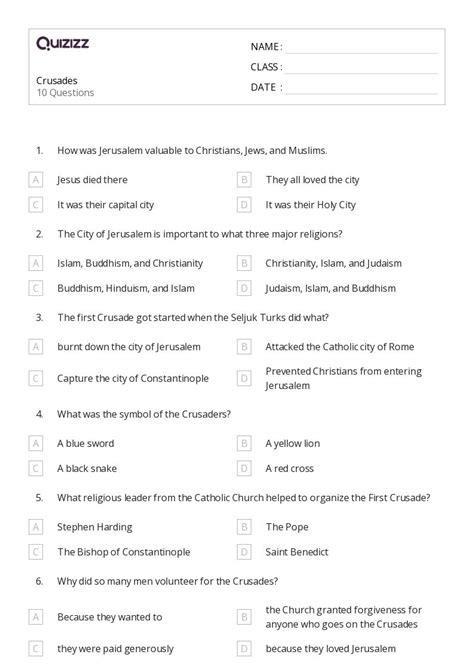 50+ the crusades worksheets for 9th Year on Quizizz | Free & Printable