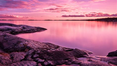 Sunset Wallpaper 4K, Scenery, Lake, Rocks, Pink sky