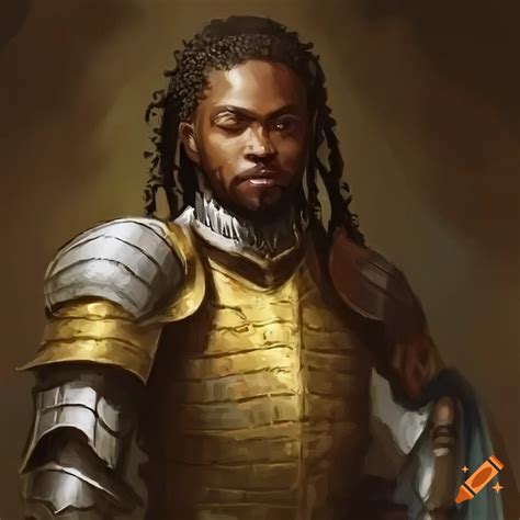 Young noble black man in knight armor in a medieval city