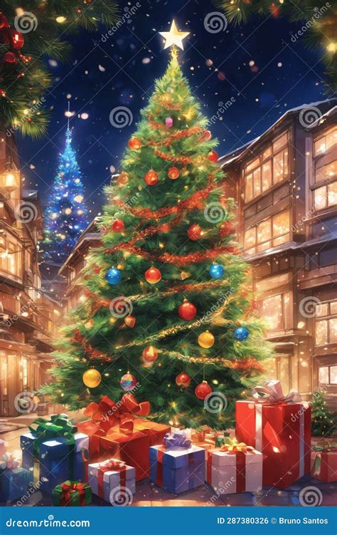 Anime Style: Christmas Tree Decorated with Blinkers with Gift Boxes Around,xmas Wallpaper Stock ...