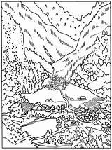 Coloring Book  Lovely Landscapemountains And Village In The valley sketch template