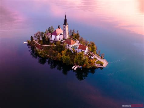 - Drone view of Bled island at sunrise, Slovenia | Royalty Free Image