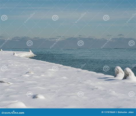 Lake Michigan Shoreline Covered with Frozen Ice and Snow on a Sunny ...