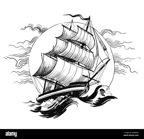 Sailing ship in stormy sea. Ink black and white drawing Stock Photo - Alamy