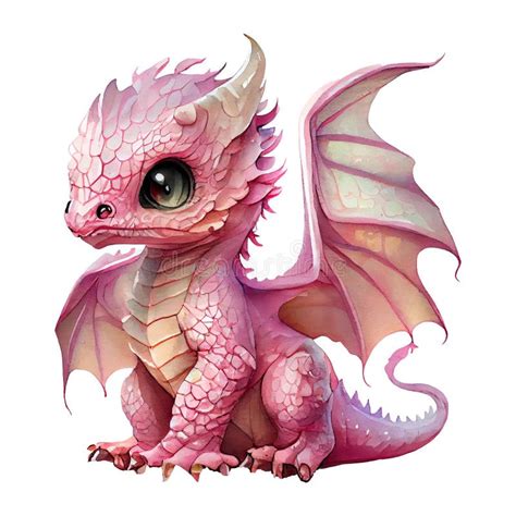 Cute Pink Baby Dragon Sitting Isolated on White. Watercolor Style Iilustration, Generative AI ...