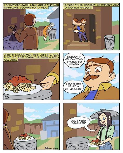 Stardew Valley funny comic art > Gus tries to help out Linus, but a farmer comes along | trash ...