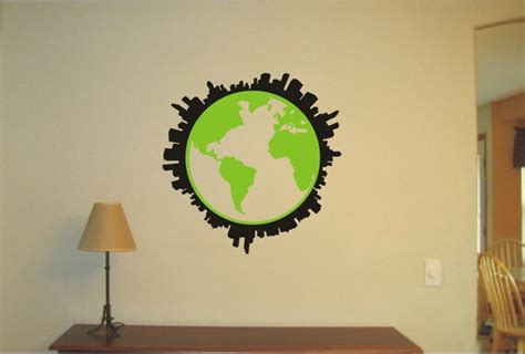 Items similar to Globe, World Map & City Skyline Wall Sticker, Vinyl Decal, Wall Tattoo Mural ...