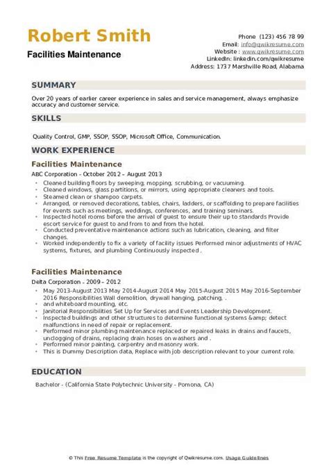 Facilities Maintenance Resume Samples | QwikResume