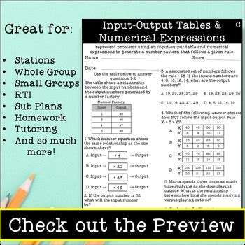 Input Output Tables and Numerical Expressions Worksheets No Prep 4th Grade