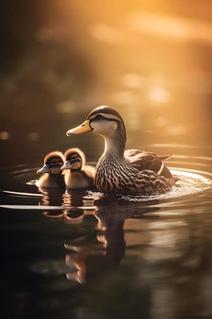 Premium AI Image | Ducklings swimming in a pond with golden light.