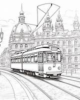 Premium Photo  Adult Coloring Page With A Tram In The City sketch template