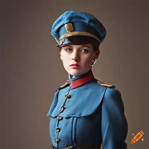 Portrait of a female soldier in a blue uniform