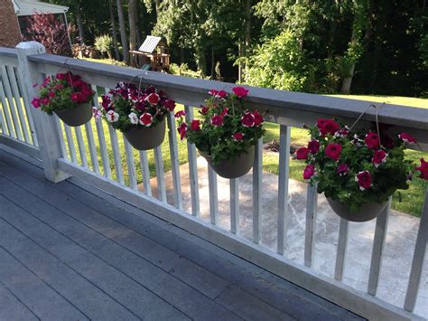 Deck rail hanging flower pots. Cut off the hanger, opened one of the ...