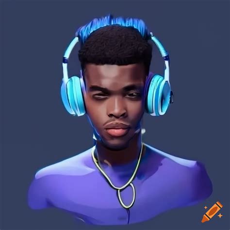 Portrait of blueryai, a black male streamer with blue headphones on Craiyon