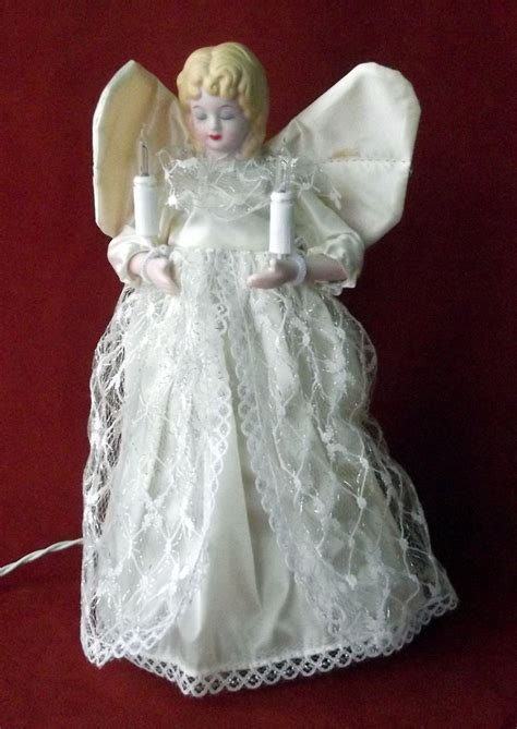 Vintage Angel Christmas Tree Topper Lights Porcelain Lace Fabric Dress ...