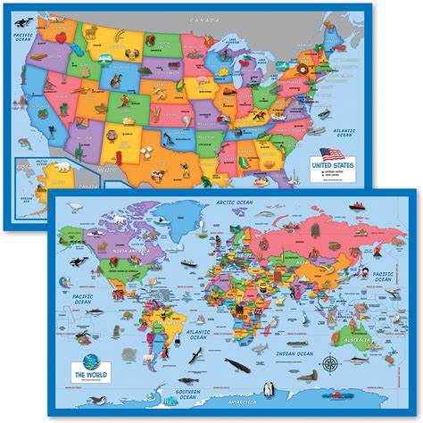 Amazon.com : 2 Pack - World Map Poster & USA Map Chart [Tan/Color] (LAMINATED, 18” x 29 ...