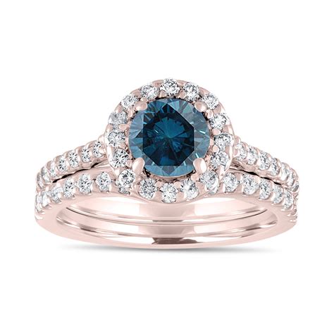 1.84 Carat Fancy Blue Diamond Engagement Ring Set, Bridal Wedding Rings Set, 14K Rose Gold ...