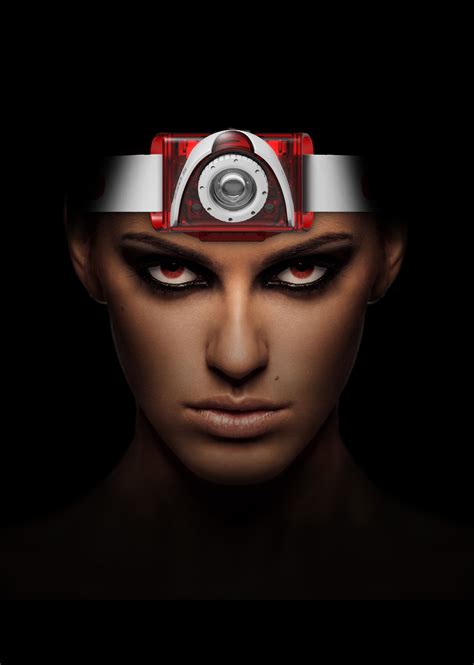 a woman's face is shown with an electronic device on her head and eyes