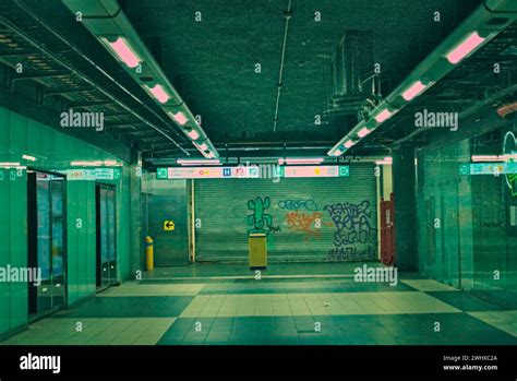 Brussels, Belgium. 5 February 2024. Interior of the metro at Roger station. Gaffiti on the walls ...