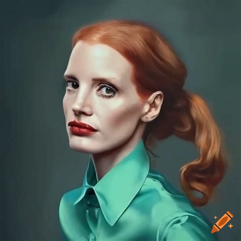Moody vintage-style portrait of jessica chastain in a blue green silk oxford shirt on Craiyon