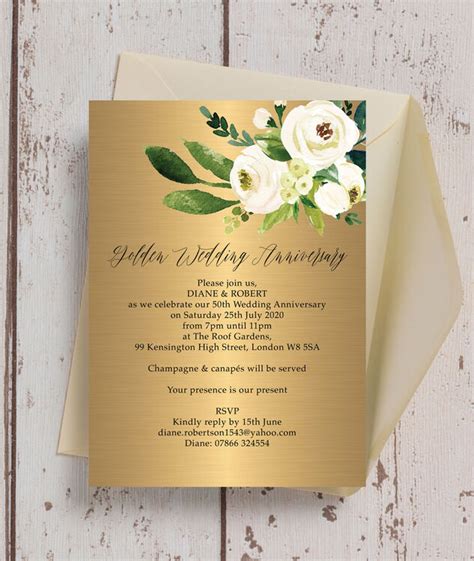 Gold & Cream Flowers 50th / Golden Wedding Anniversary Invitation from ...