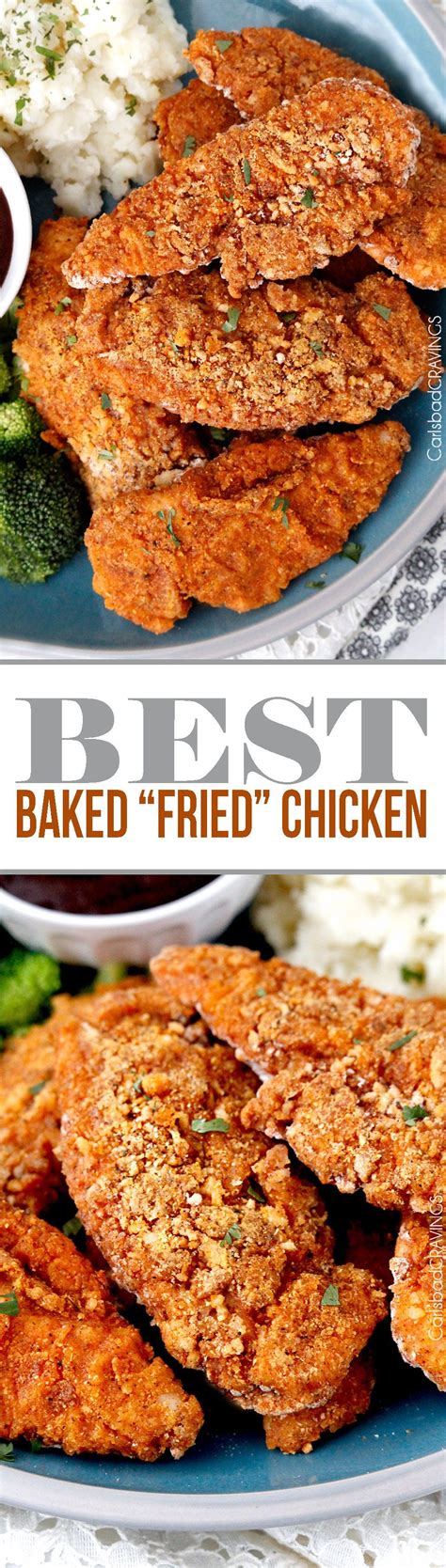 seriously the BEST Baked "fried" chicken! Crispy chicken marinated in spiced buttermilk then ...