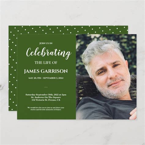 Green Celebration of Life With Photo Funeral Invitation Size: 5" x 7". Gender: unisex. Age Group ...