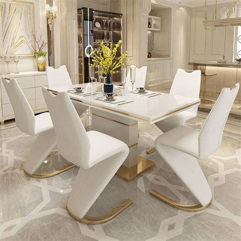 Modern Stylish 63" White Glass Dining Table Rectangular Gold Metal Large Dining Table | White ...