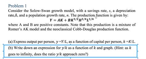 Solved Problem 1 Consider the Solow-Swan growth model, with | Chegg.com