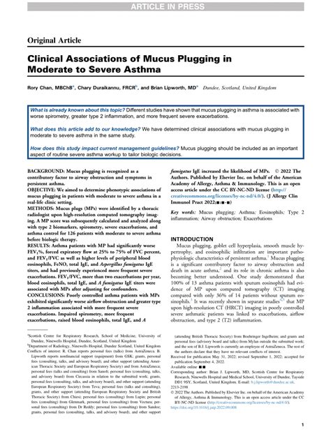 (PDF) Clinical Associations of Mucus Plugging in Moderate to Severe Asthma