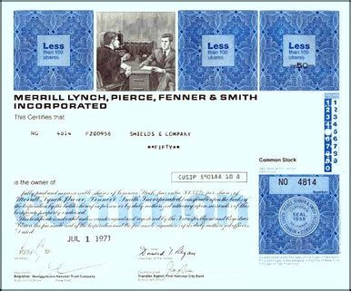 Merrill Lynch, Pierce, Fenner & Smith Stock Certificate - Old Quotron ...