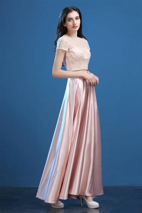 Modest Sheath Long Blush Pink Silk Satin Lace Evening Prom Dress With ...