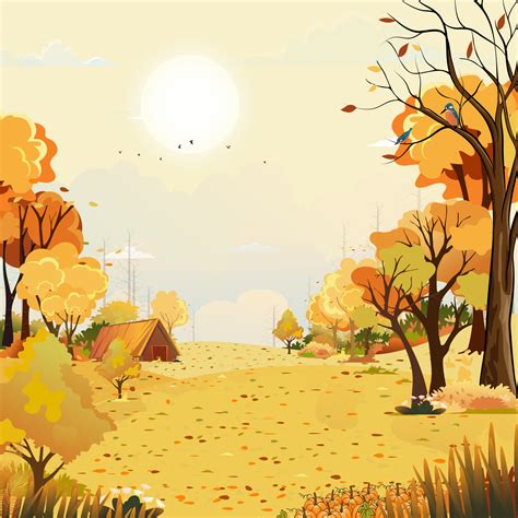 Autumn rural landscape in evening light with sunset with yellow sky background,Vector Cartoon ...