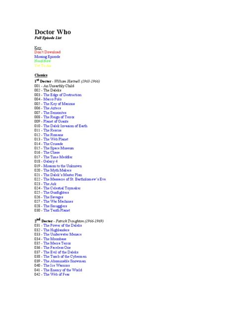Doctor Who - Full Episode List | PDF | The Doctor (Doctor Who) | Doctor Who