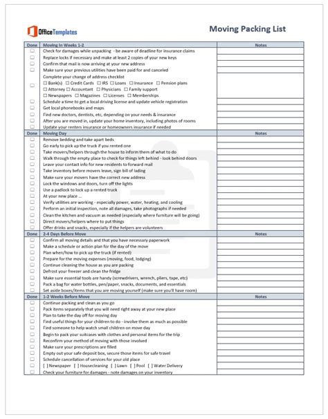 Moving Packing List Templates - Office Templates