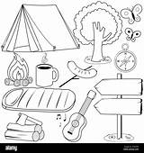 Camping Objects And equipment Collection Black White coloring Page  sketch template