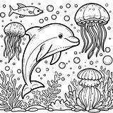 Dolphin And Jellyfish In Underwater Scene Kids Coloring Book Page  sketch template