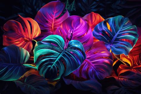 Monstera Deliciosa Leaves in Neon Light. Colorful Tropical Background, Creative Fluorescent ...