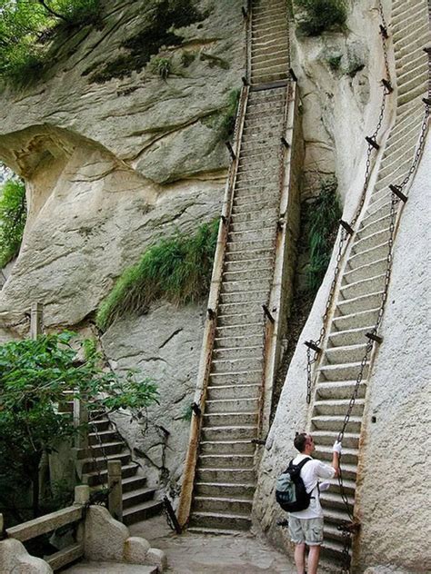 The steepest steps in the world, and the worlds most dangerous hiking trail. Mount Huashan in ...