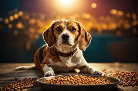 Premium AI Image | A beagle dog looks at a bowl of dry food ai generative